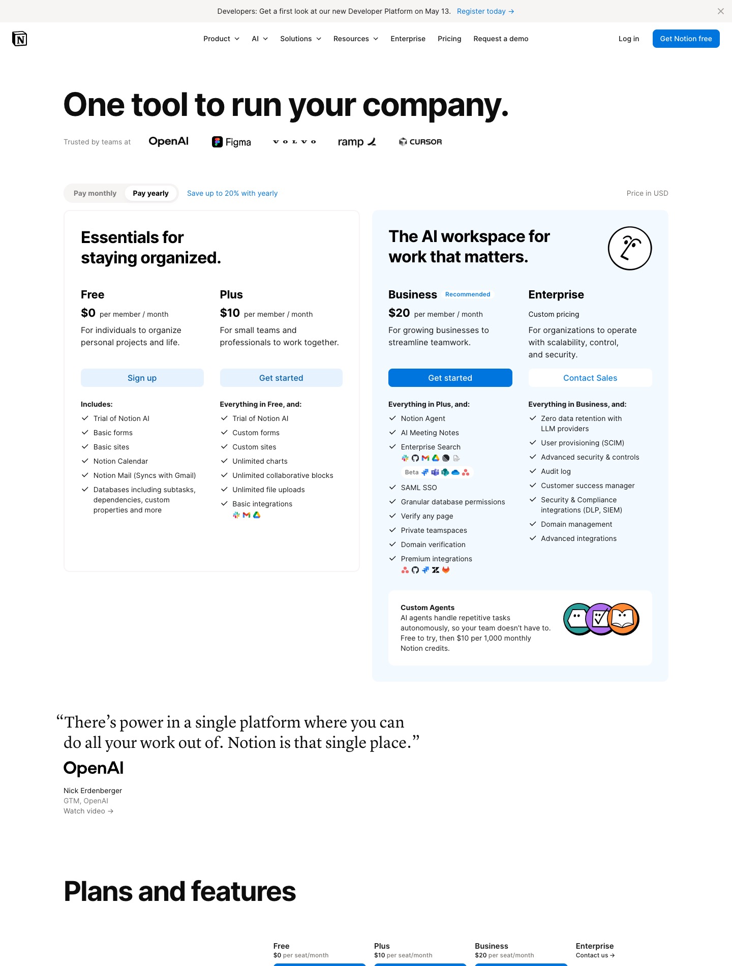 Screenshot of Notion's pricing page above the fold showing a broader headline, plan cards, AI messaging, and heavier packaging context.