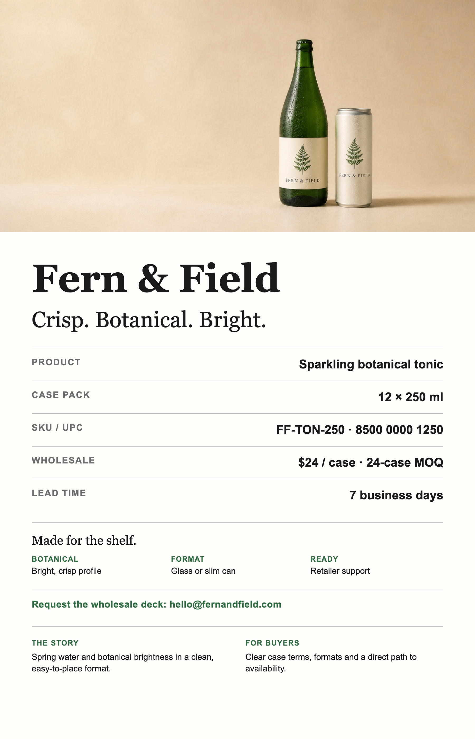 A fictional Fern and Field buyer-ready sell sheet organizing the same product and commercial facts