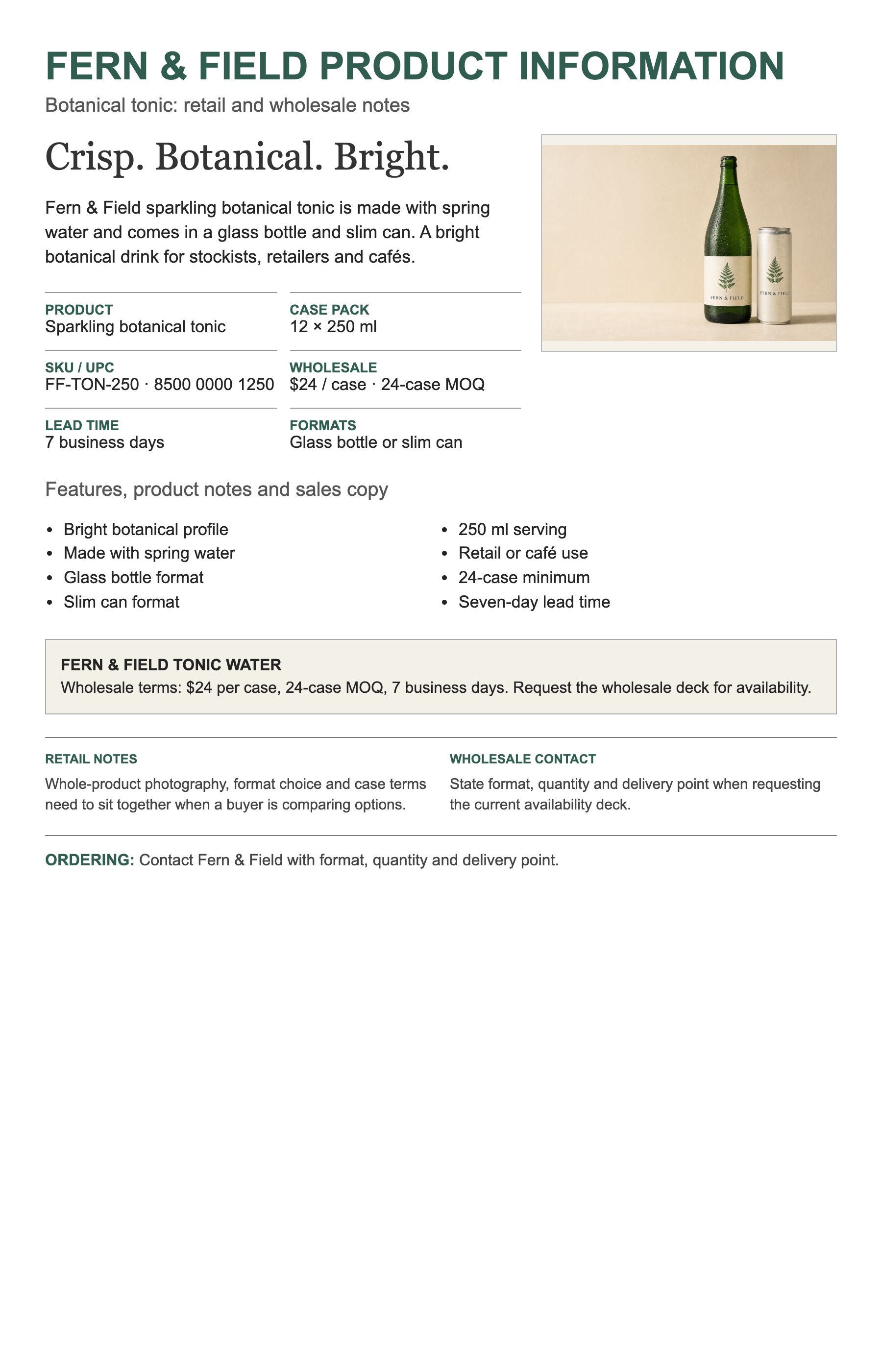 A fictional Fern and Field wholesale source sheet with dense but readable product and commercial information