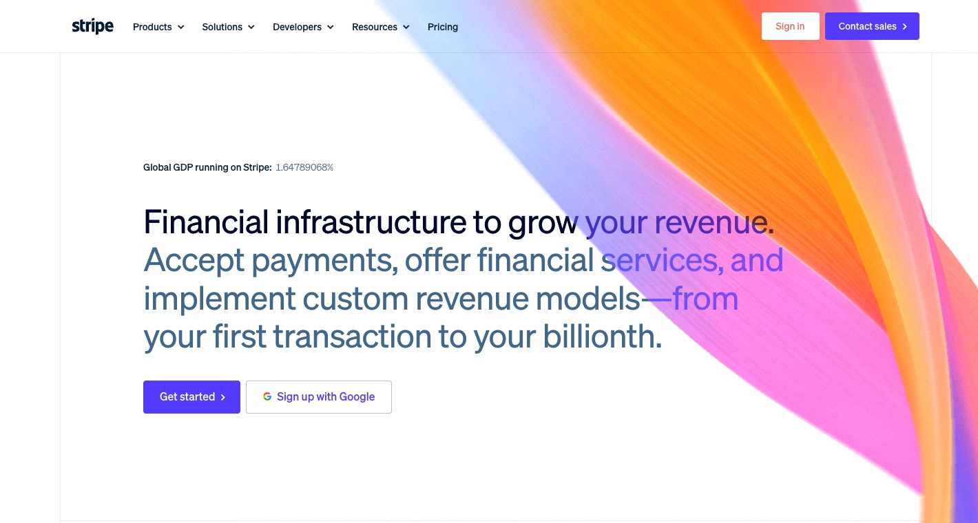Screenshot of Stripe's homepage above the fold with a financial infrastructure headline, revenue-focused subhead, clear calls to action, and a large abstract visual field.