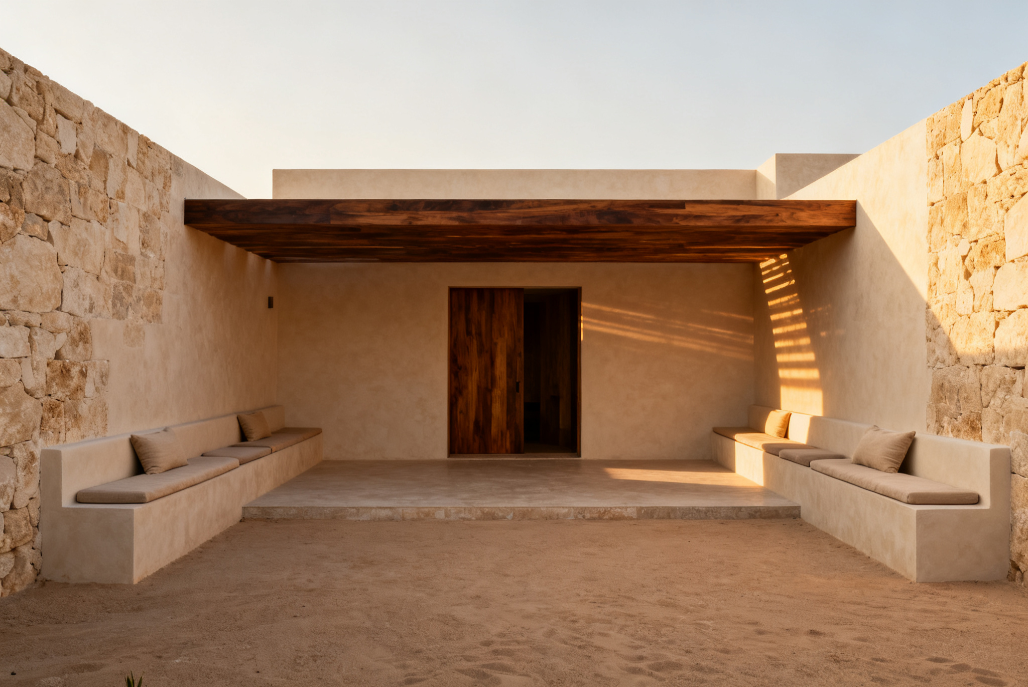 Astra House high desert courtyard with warm stone and quiet arrival light.