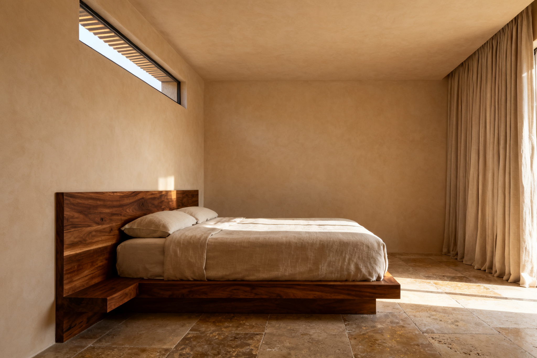 Astra House suite interior with warm stone, linen, and soft light.