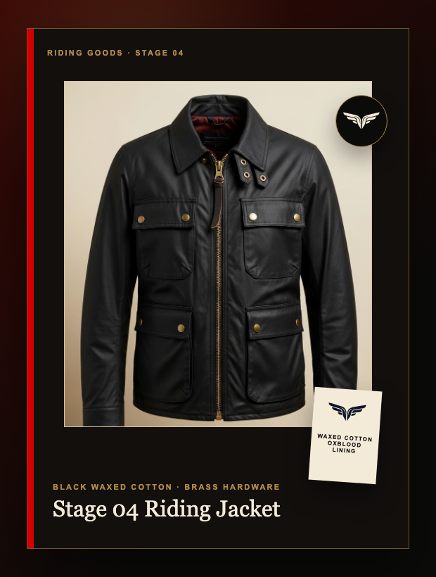 Black waxed cotton riding jacket product study for Vesper Motor Club.